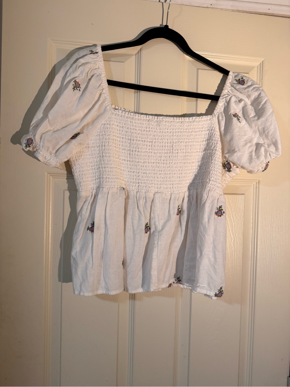 Smocked Square Neck Puff Sleeve Top - White with Floral Embroidery XL